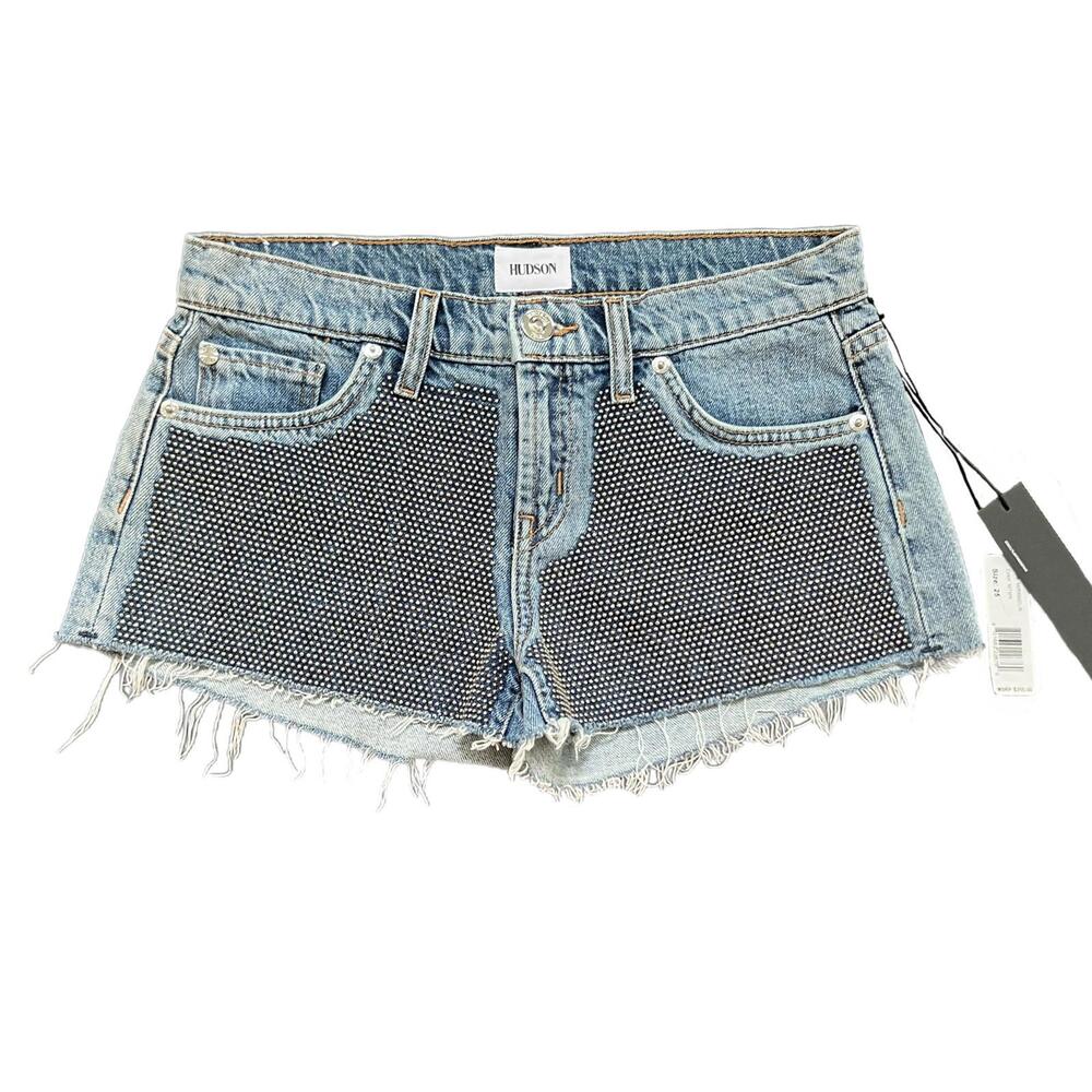 Hudson Kenzie Cut Off Short Blue Studded Denim Raw Hem Size 25